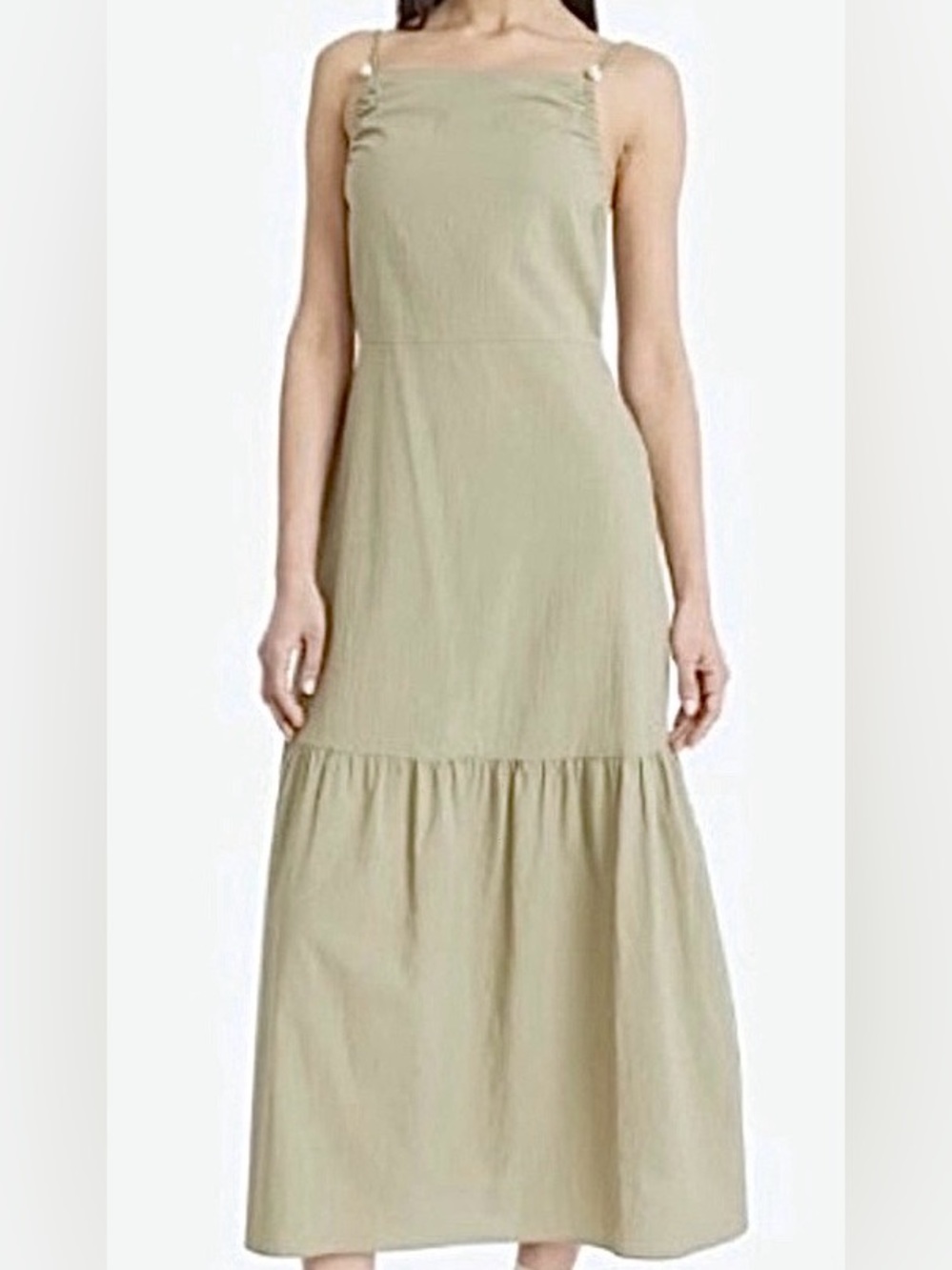 The Good Journey Aloe Green 100% Cotton Tier Bottom -Open Back Maxi Dress: M